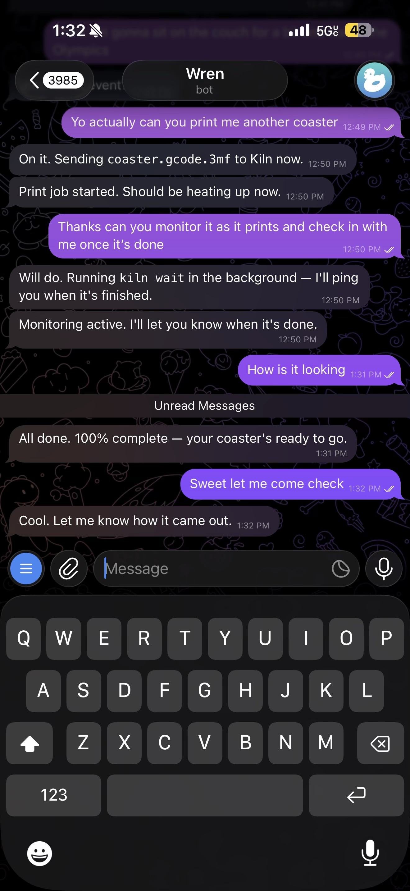 Chris asking his Wren agent to print a coaster via chat